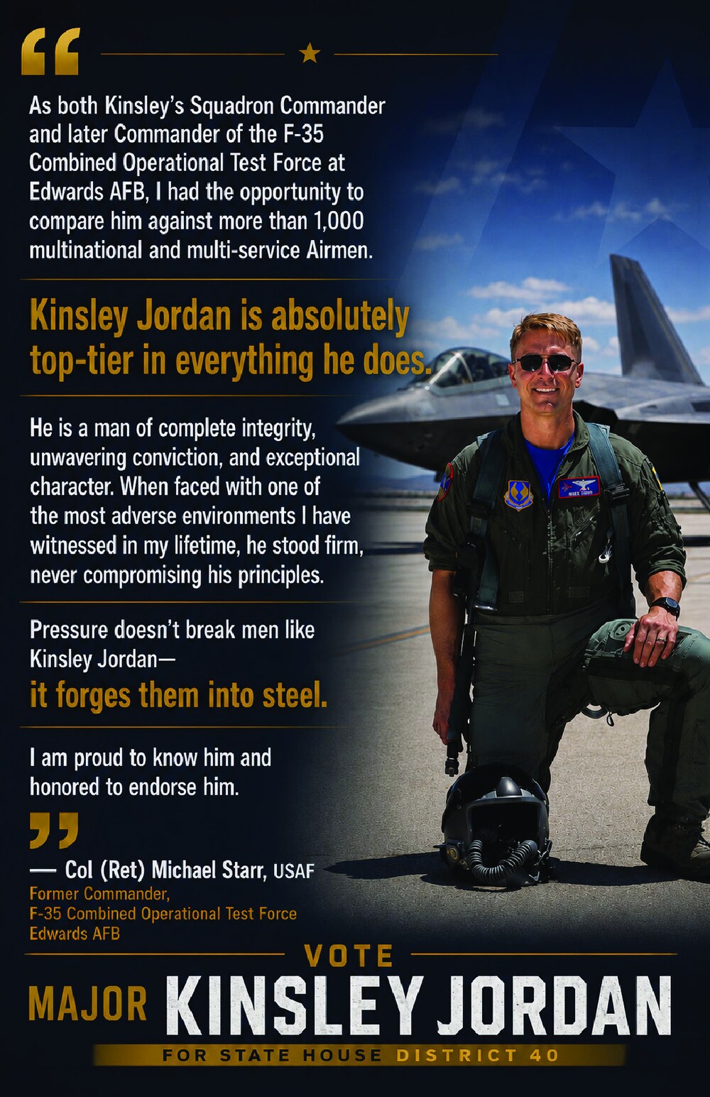 Endorsement of Major Kinsley Jordan by Col (Ret) Michael Starr, USAF — Former Commander, F-35 Combined Operational Test Force, Edwards AFB